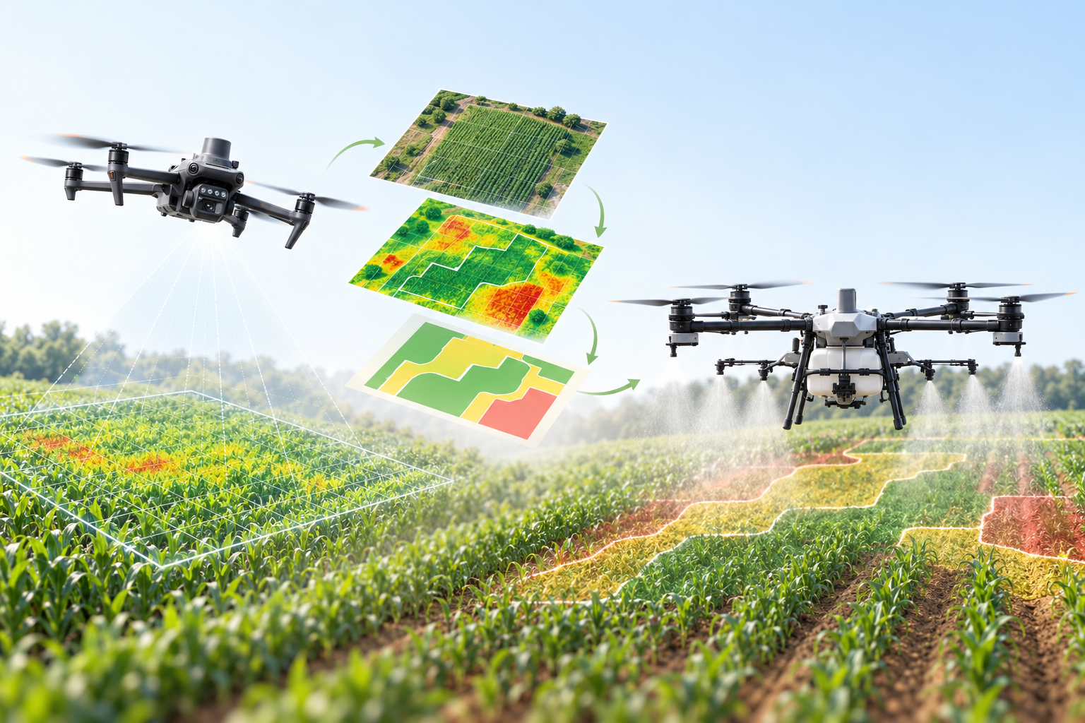 KI-Illustration: Multispektralaufnahme mit einer Mavic 3M, Kartenplanung und Agraranwendung mit einer Agras T100